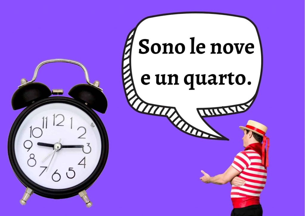Purple background with Italian gondolier telling the time in Italian, "sono le nove e un quarto."  There is a clock with that time in the lower left.