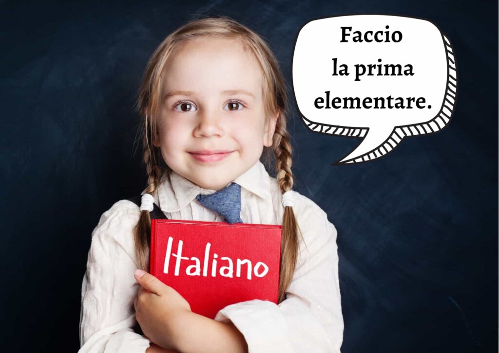 Little girl holding red Italiano book.  She says, in a graphic speech bubble, "Faccio la prima elementare."