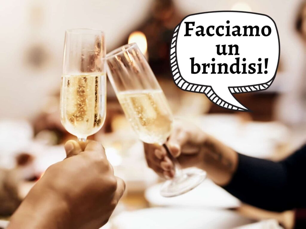 Hands toasting prosecco and graphic speech bubble says, "facciamo un brindisi!"