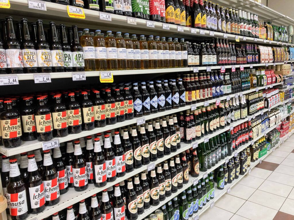 Beer aisle in grocery store in Italy
