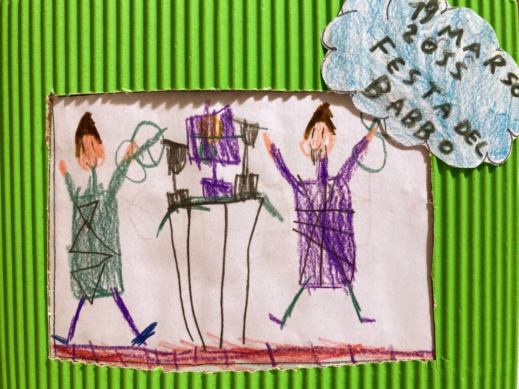 Child's card for father to celebrate Father's Day in Italy. Green paper and a hand-drawn boy telling his father, Happy Father's Day!