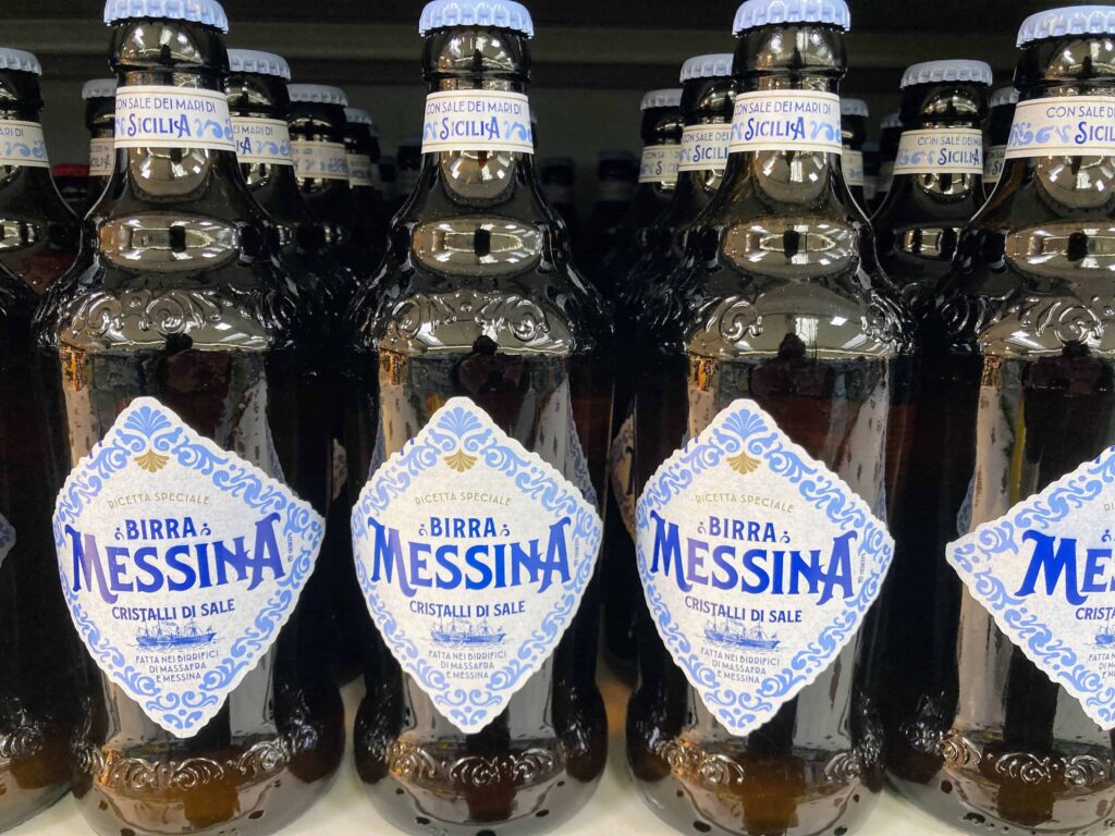 Messina beer on display at a grocery store in Italy.
