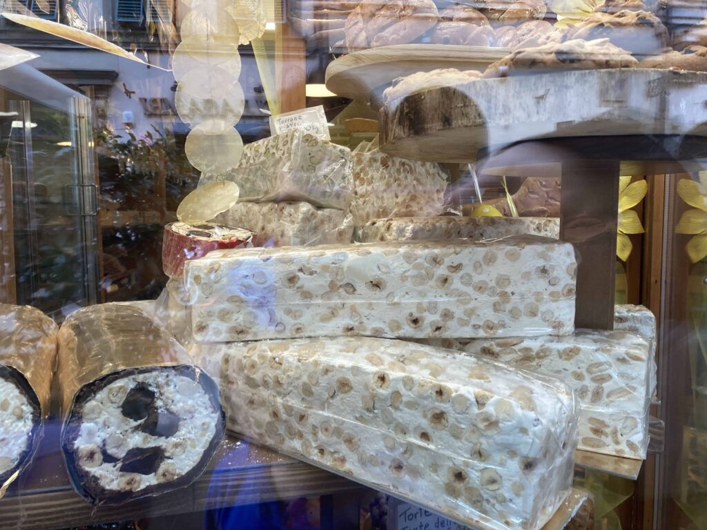 Torrone slices as seen in a shop window in Italy