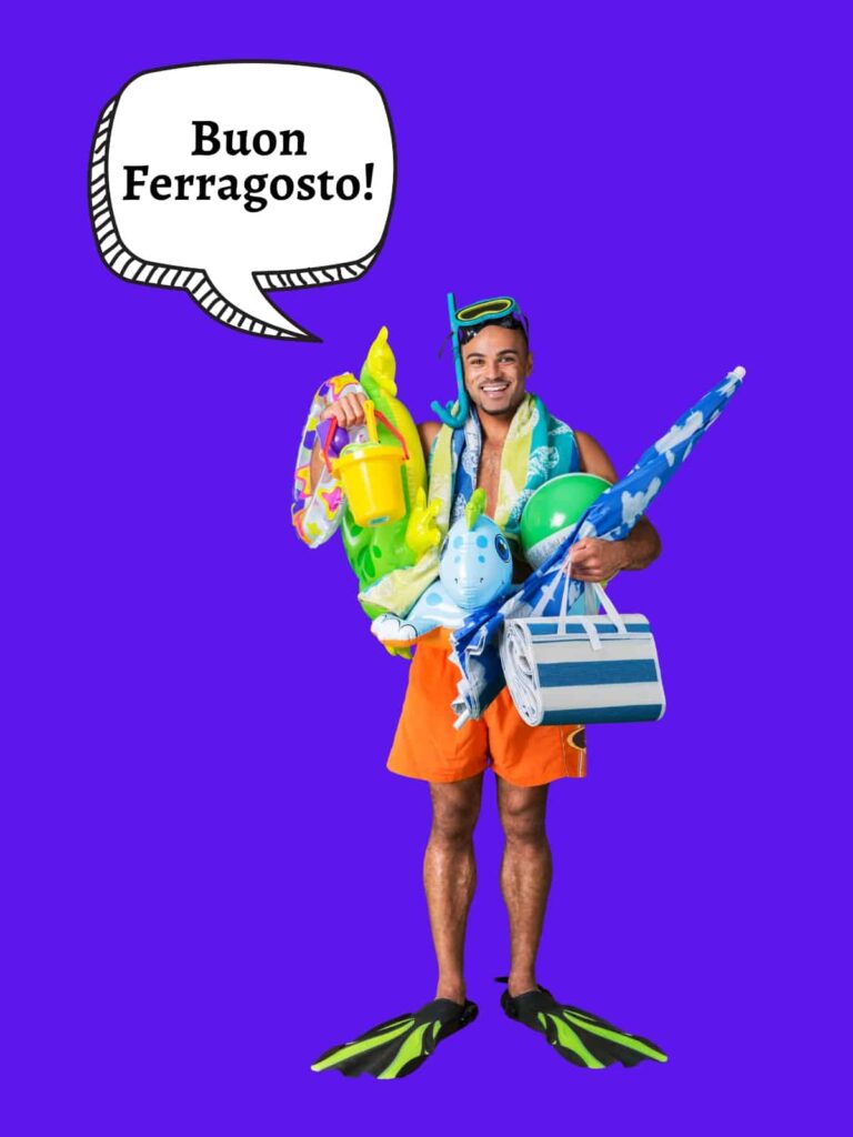 Man wearing and carrying beach clothing and equipment saying "buon ferragosto" in a graphic speech bubble.