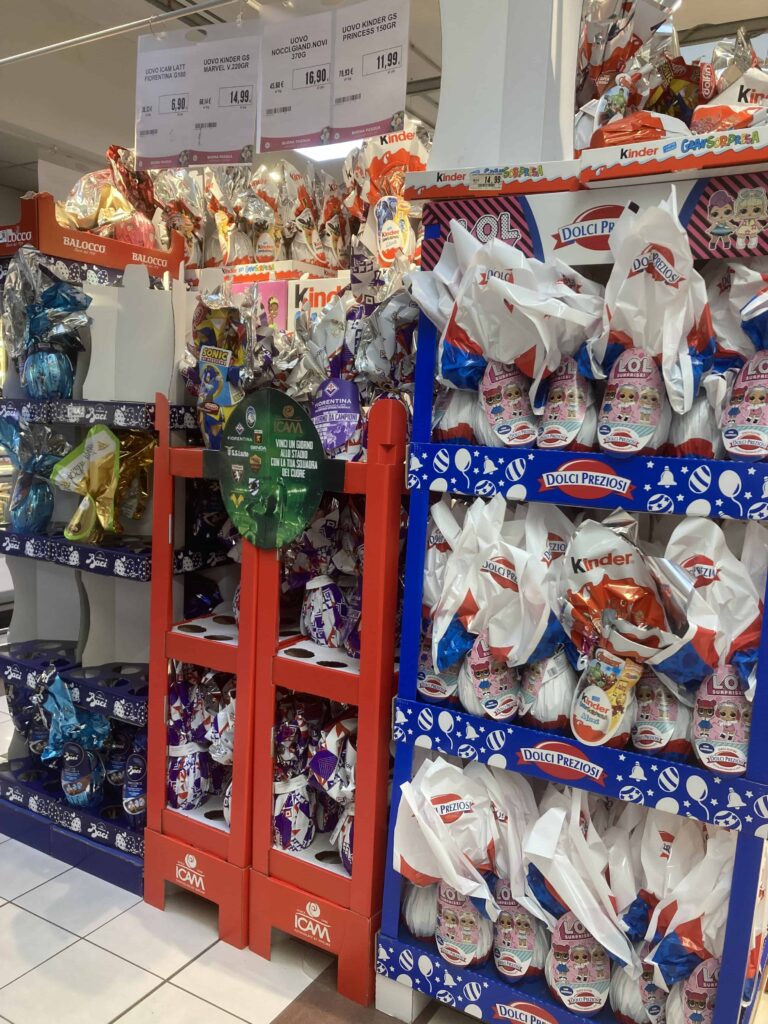 Chocolate Easter eggs on display in Italian grocery store.