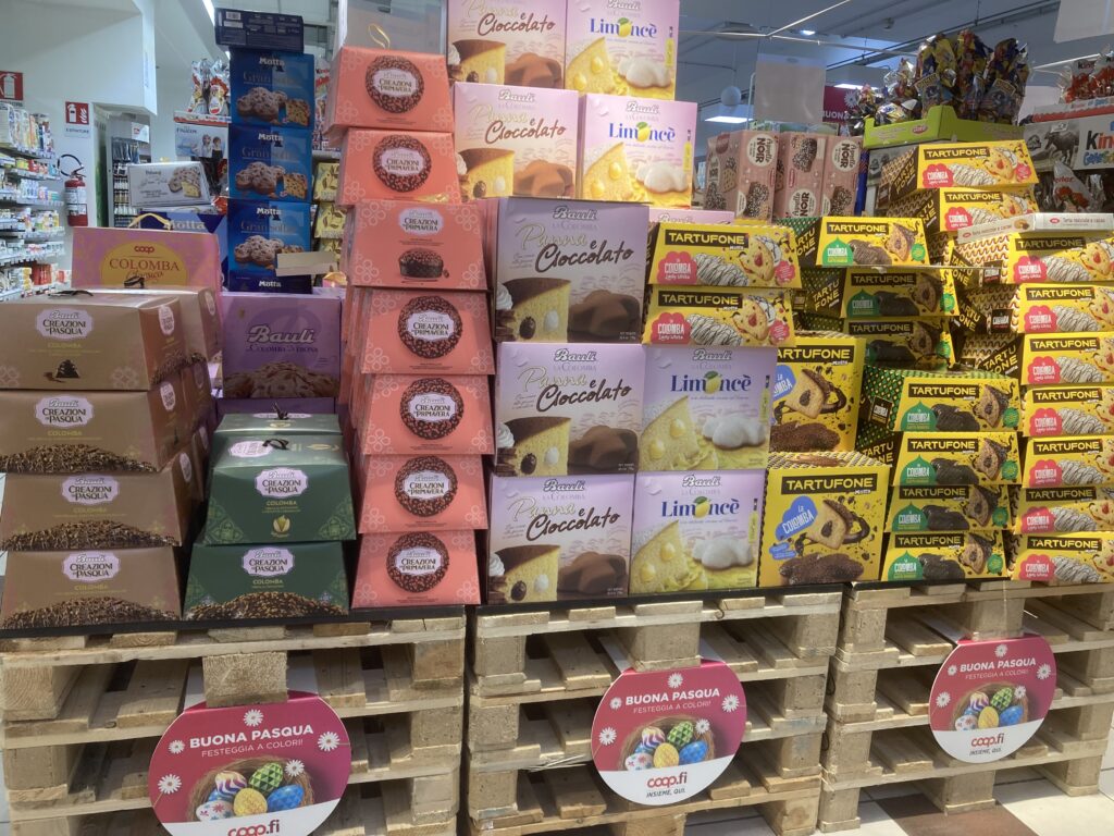 Easter cakes on sale at the grocery store in Italy