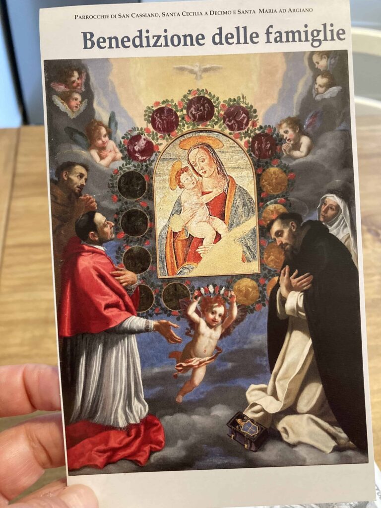 Family blessing for Easter in Italy.  Card with biblical painting.