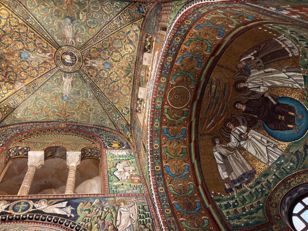 Colorful mosaics inside the Basilica of San Vitale in Ravenna, Italy. Bibilical scenes.