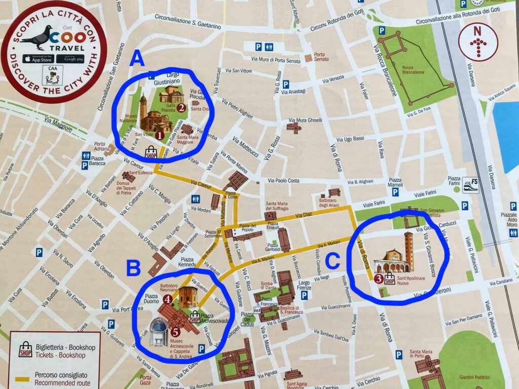 Map of Ravenna with main mosaic sites circled in blue.
