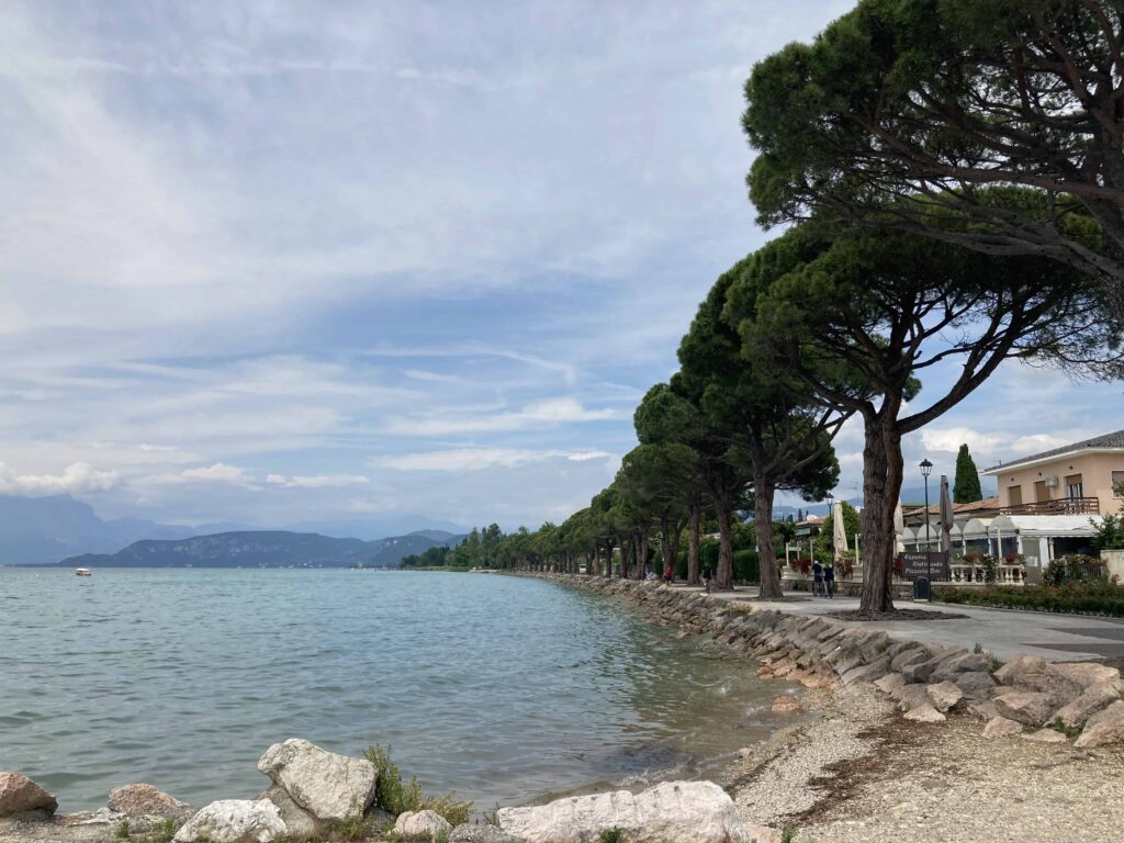 Beach and walkway on Lake Garda. Umbrella pines on path.