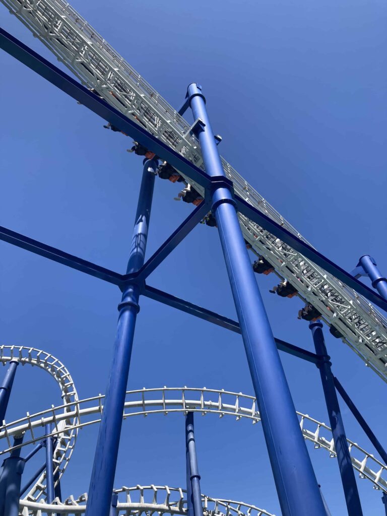 View of roller coaster and sky.