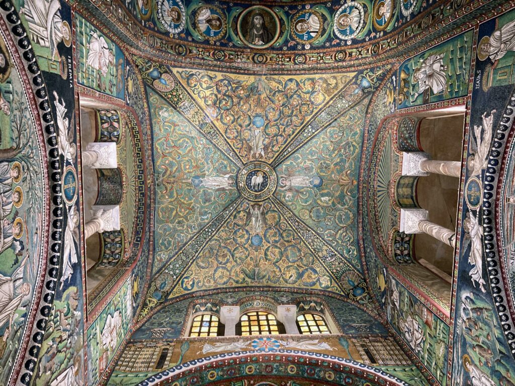 Colorful mosaic ceiling in the Basilica di San Vitale in Ravenna, Italy.