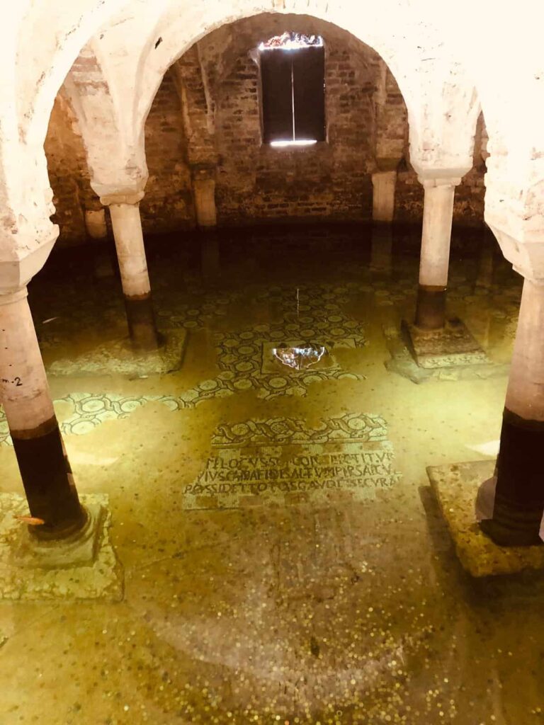 Crypt mosaics with pond and fish in Ravenna, Italy