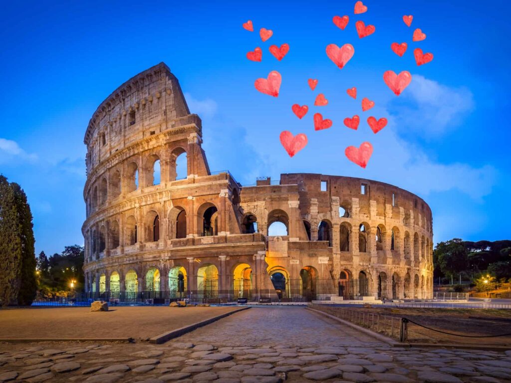 Graphic hearts above the Colosseum in Rome, Italy.