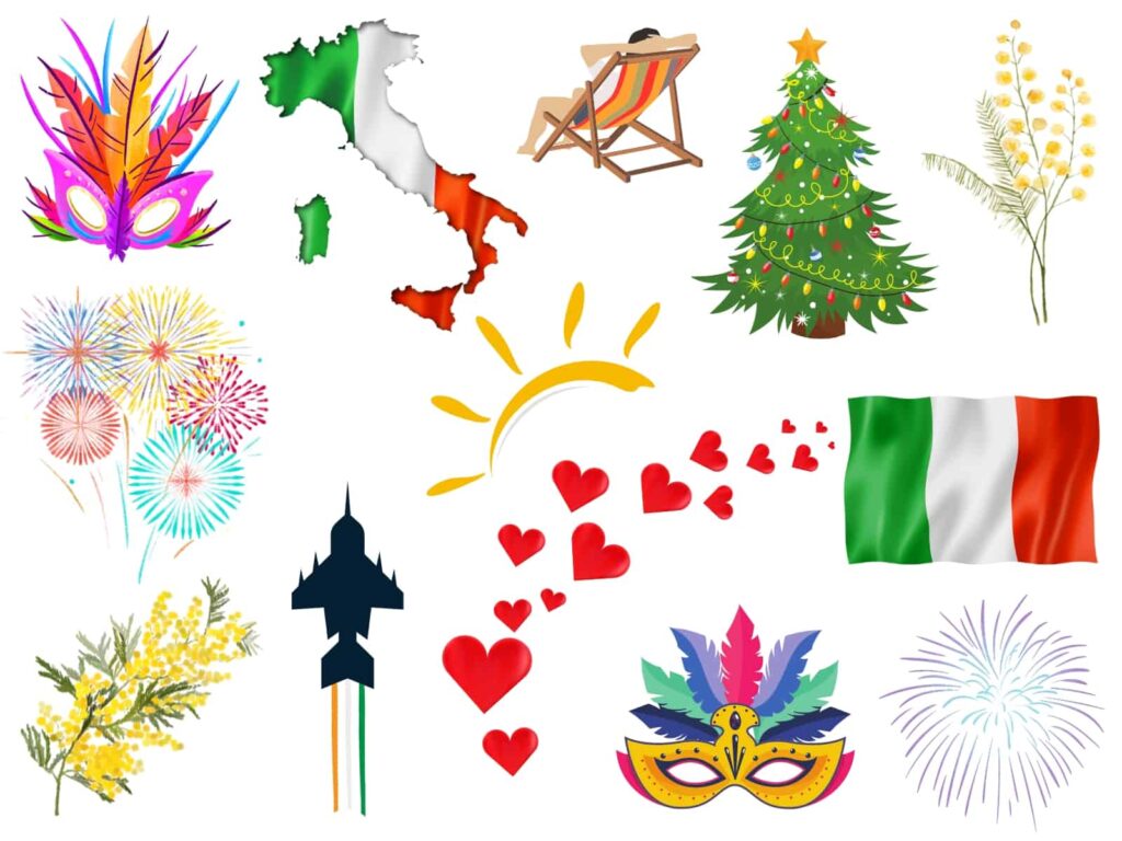 Colorful graphics on a white background, including a Christmas tree, carnival masks, fireworks, and hearts.