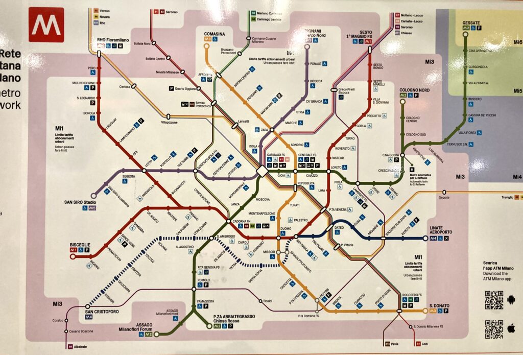 Graphic map of the Milan metro system.