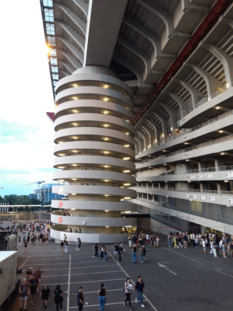 The corkscrew ramps leading up the levels of San Siro Stadium in Milan.