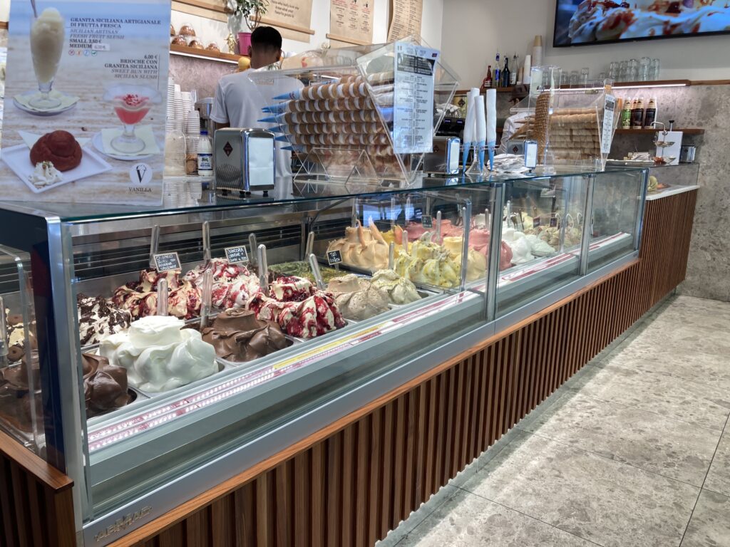 Gelato on display in a gelateria in Milan.